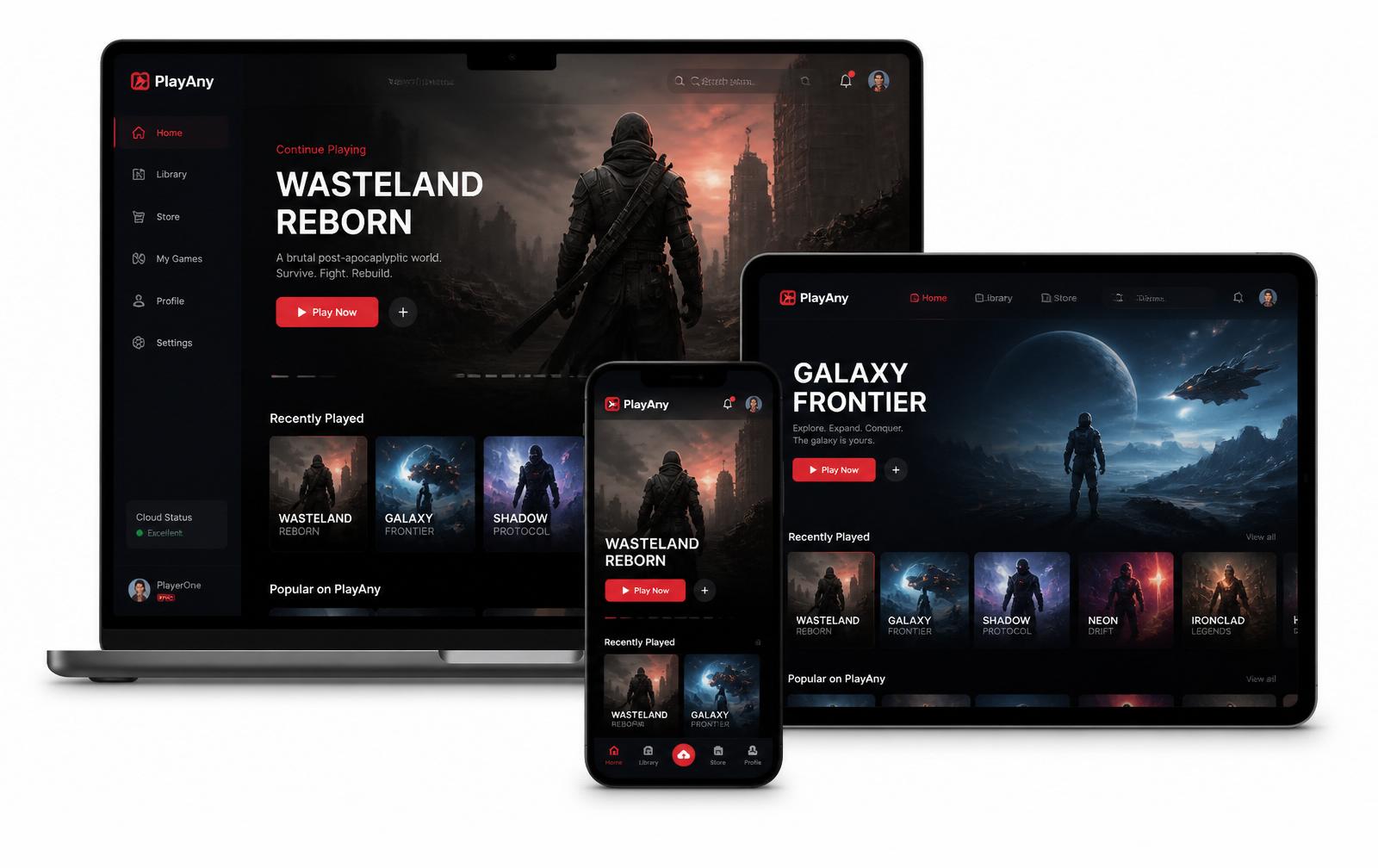 PlayAny cloud gaming app on laptop, tablet and mobile